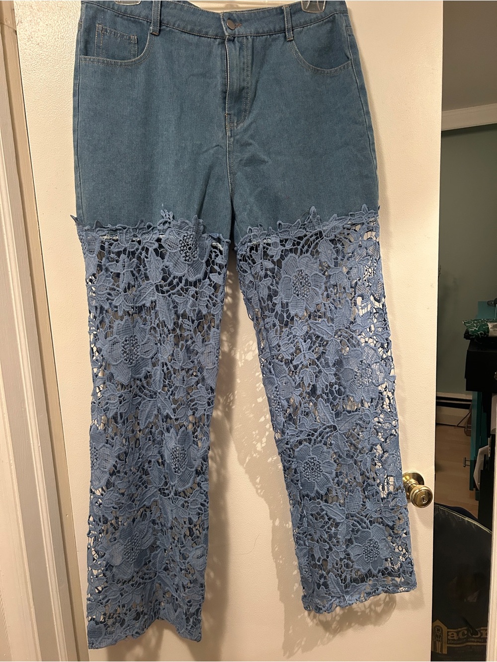 Blue Lace-Panel Wide Leg Jeans for Women